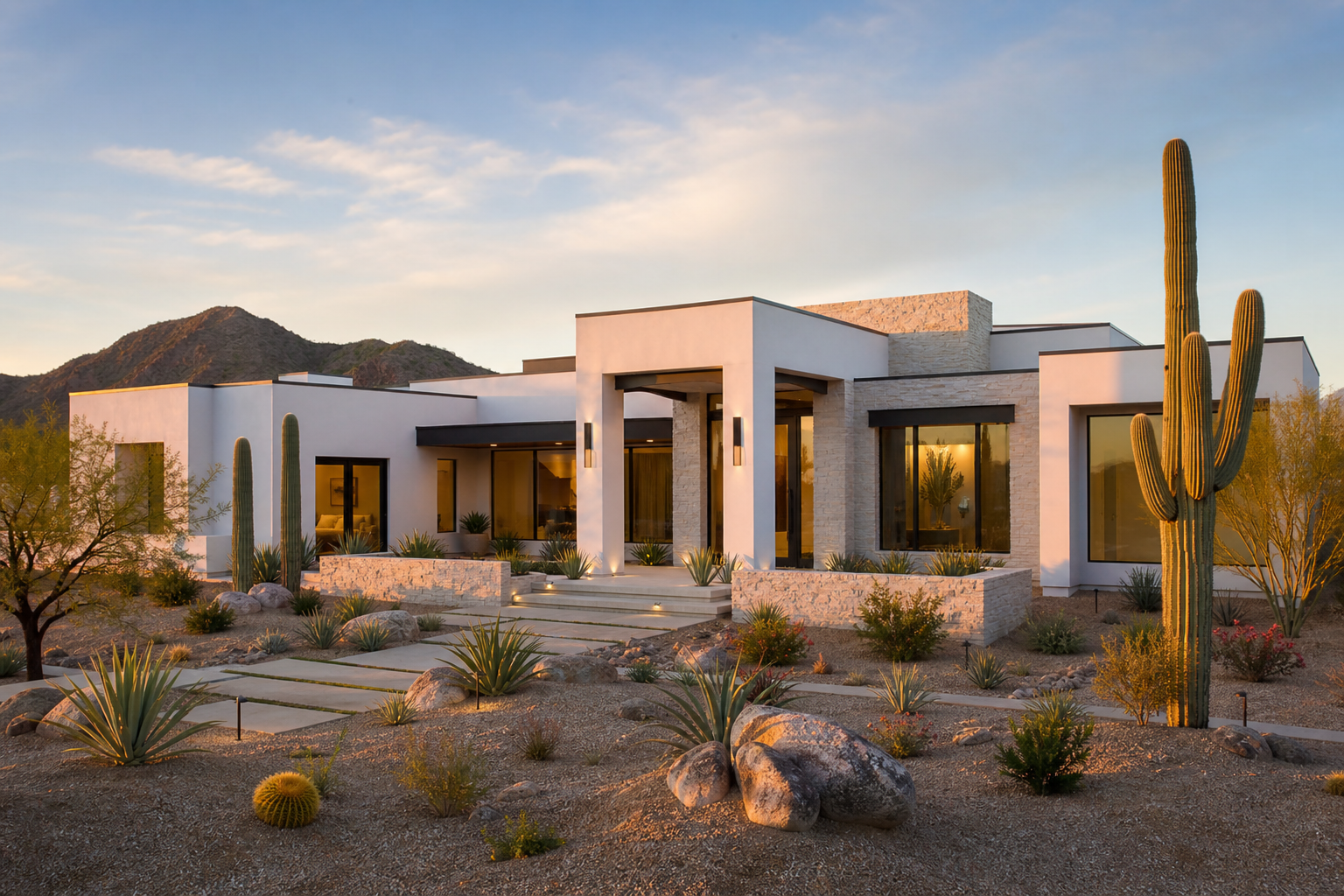 Modern single-story Arizona desert home at golden hour