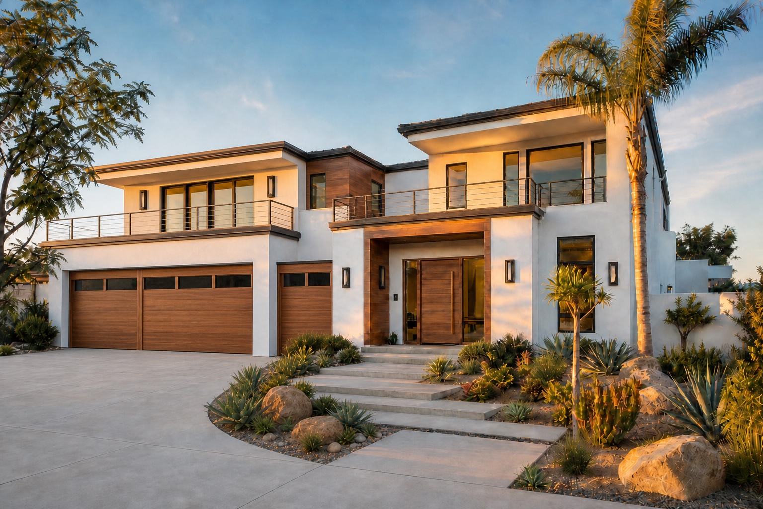 Modern Southern California home with a three-car garage and driveway at golden hour
